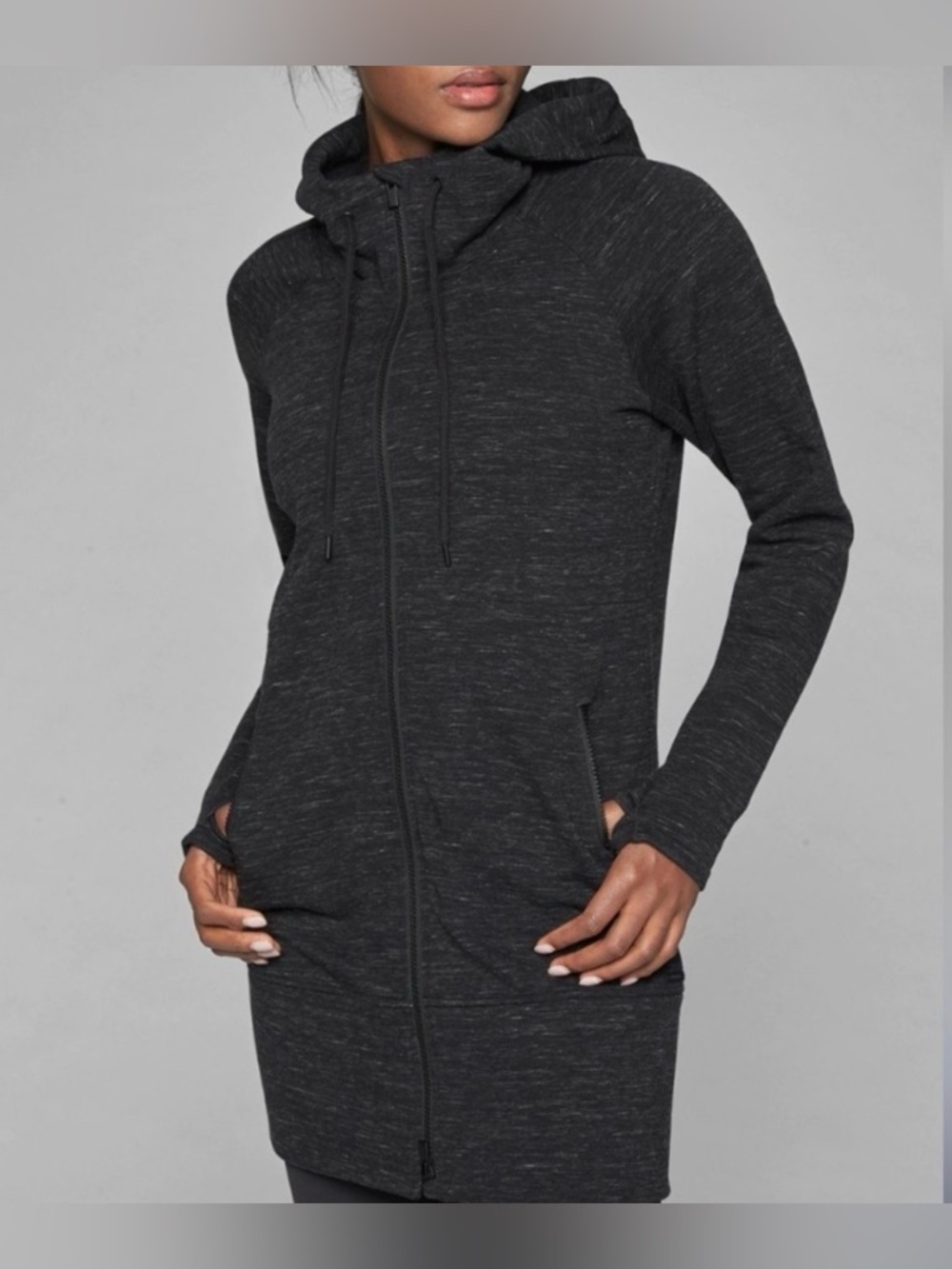 Athleta Stronger Long Hoodie Black Heathered Full Zip - Small